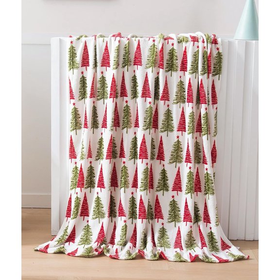 Super Soft Christmas Prints Fleece Blanket-Holiday Theme Home Décor Fuzzy Warm and Cozy Throws for Winter Bedding, Couch and Gift, 50 x 60 inch, Ivory Christmas Tree