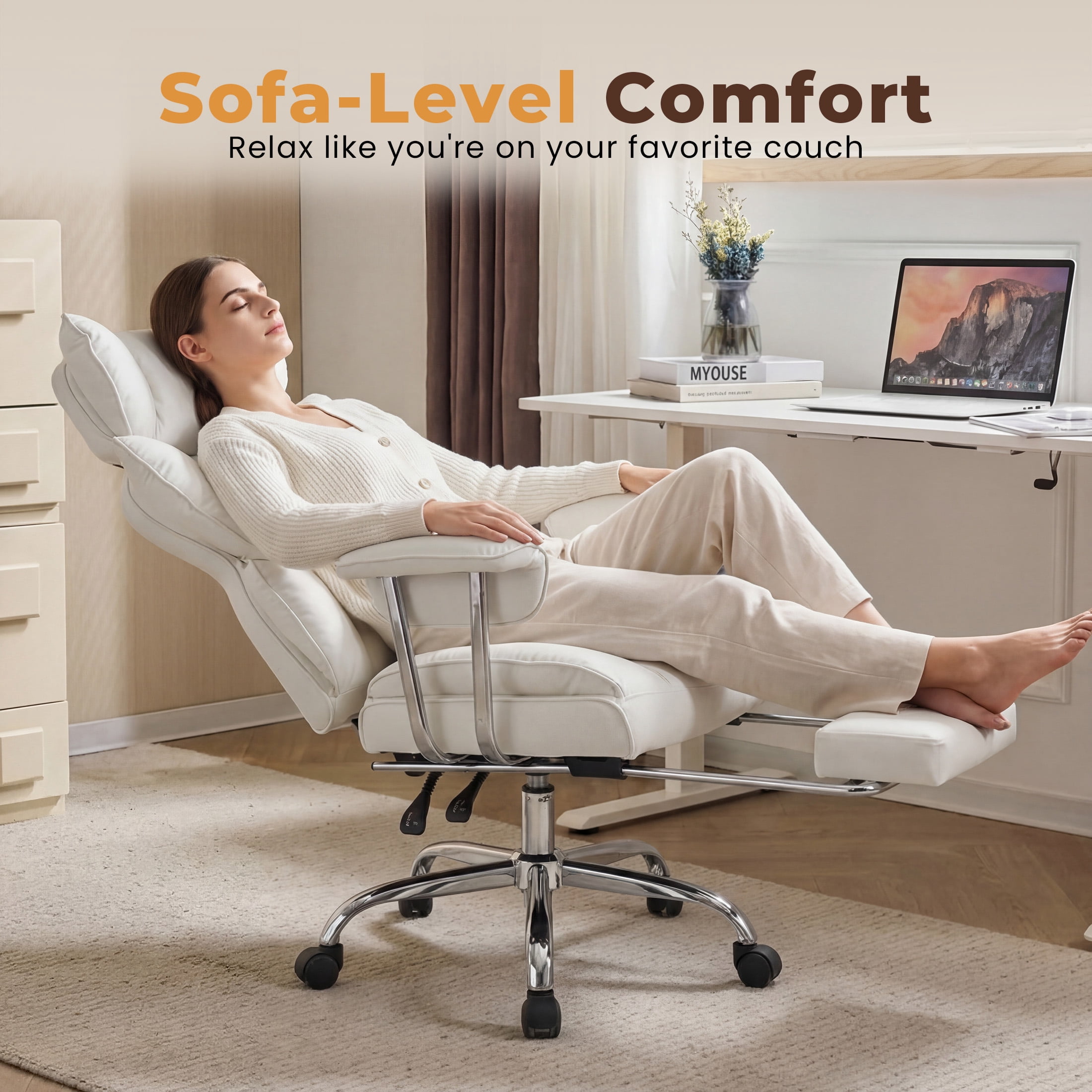 CONCETTA Ergonomic Big and Tall Office Chair, Scratch-Resistant PU Leather Executive Desk Chair with Spring Lumbar Support White