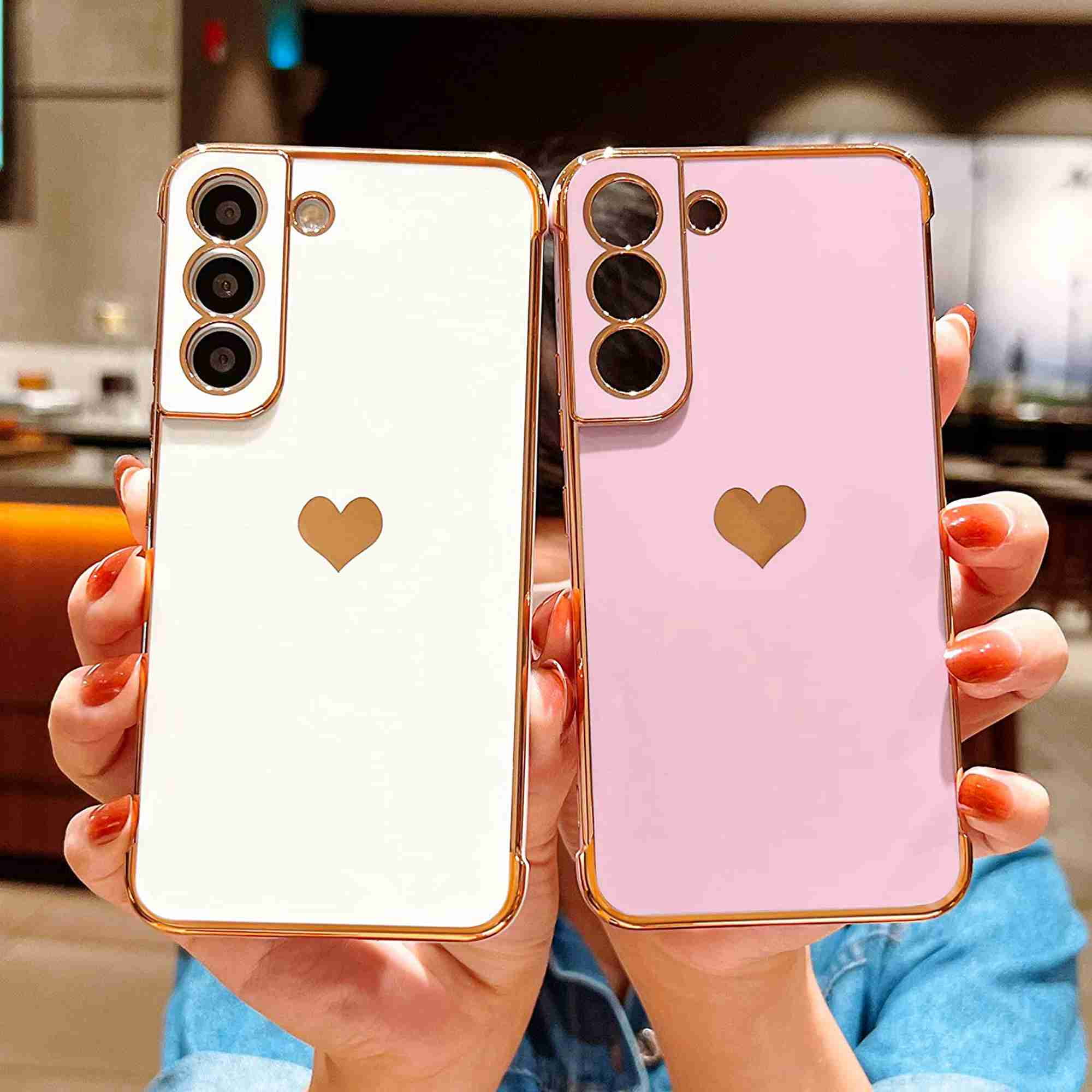 Dteck for Samsung Galaxy S22 5G Case, Shockproof Cute Luxury Love Heart Plating Phone Case Full Camera Protection Raised Reinforced Corners Cover, Purple