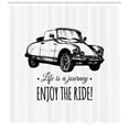 thumbnail image 3 of Enjoy the Ride Shower Curtain, Monochrome Typographic Design with a Hand Sketched Retro Style Car, Fabric Bathroom Set with Hooks, 69W X 84L Inches Extra Long, Black and White, by Ambesonne, 3 of 3