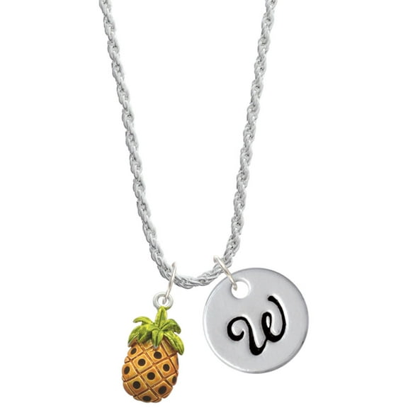 Delight Jewelry Enamel Pineapple Silvertone Script Initial Disc - W - Charm Necklace, 20" 3"