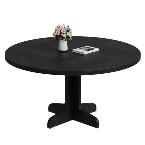 Mesa de comedor redonda - Tablero de madera y base estable - Estilo rústico para 4 personas - Ideal para cocina y sala de estar - Color negro