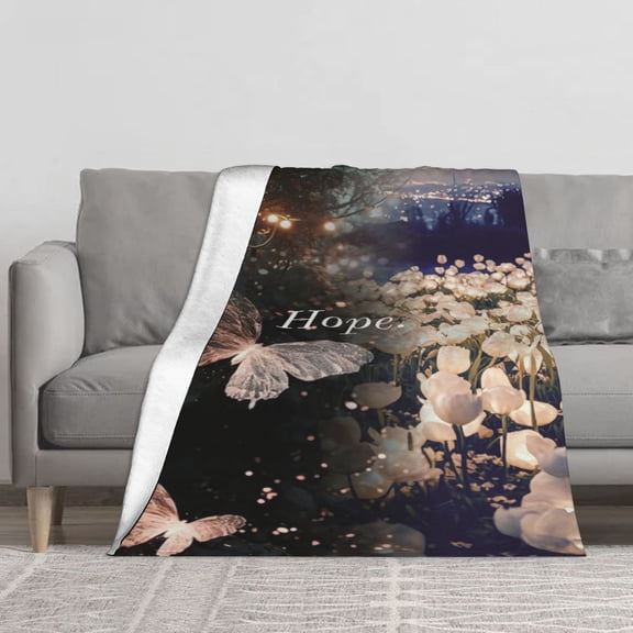 Hope White Tulip Butterfly Night City Landscape Flannel Throw Blanket, Reversible Sherpa Fleece Soft Dreamy Aesthetic Decor Blanket for Sofa Bed, Calming Inspirational Cozy Gift Blanket