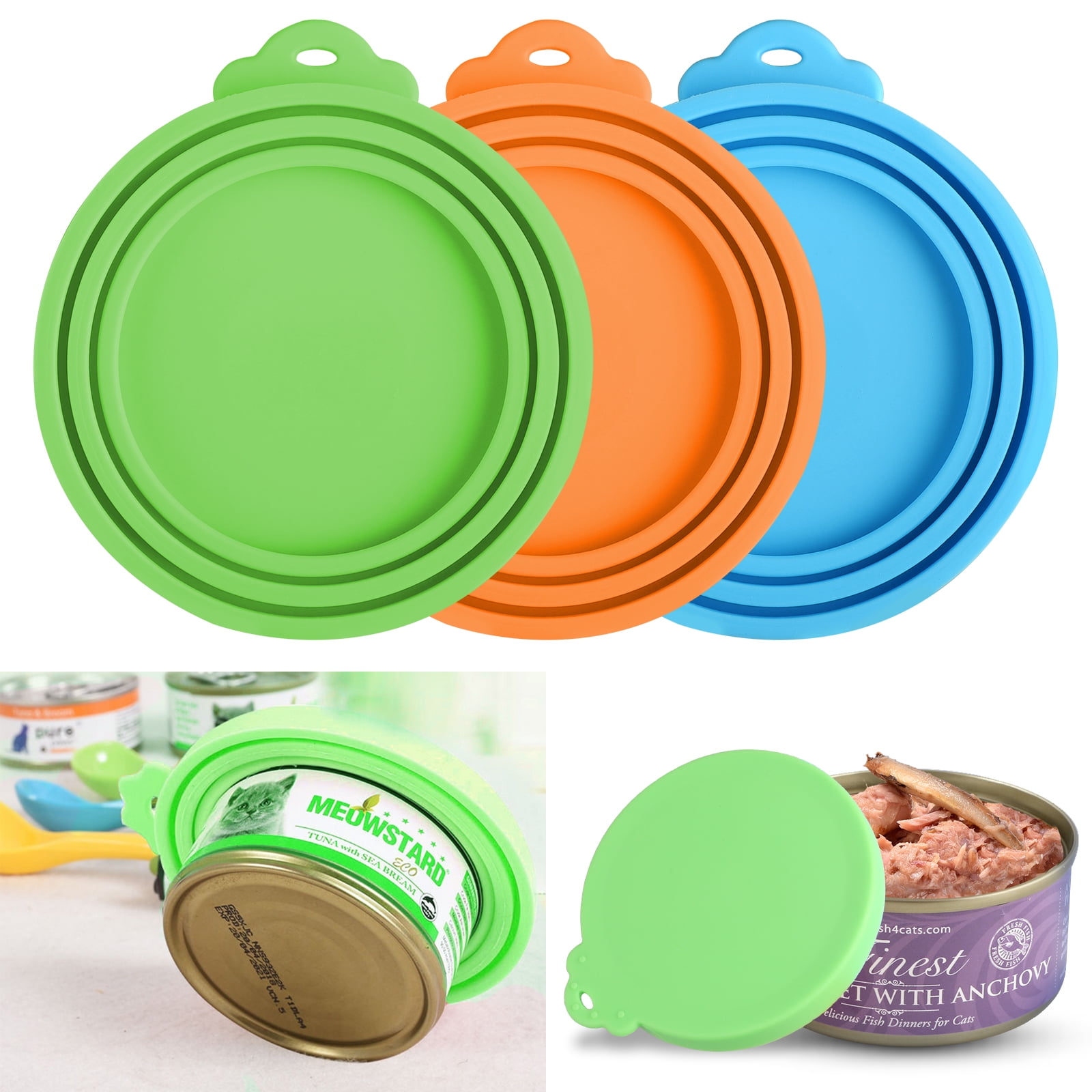 EEEkit 3pcs Pet Food Can Cover, FDA Safe & BPA Free Silicone Cat Dog Food Can Lids to Keep Food Fresh, Fit All Standard Can Sizes Pet Food Lid Cover - Universal Silicone Can Tops
