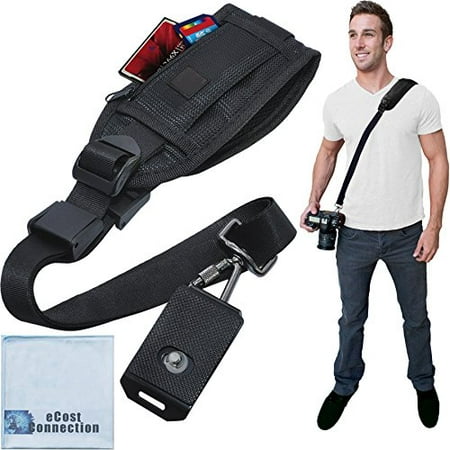 Quick Release Shoulder Strap for DSLR Cameras & Camcorders with Zippered Pocket for Memory Cards & Accessories + eCostConnection Microfiber