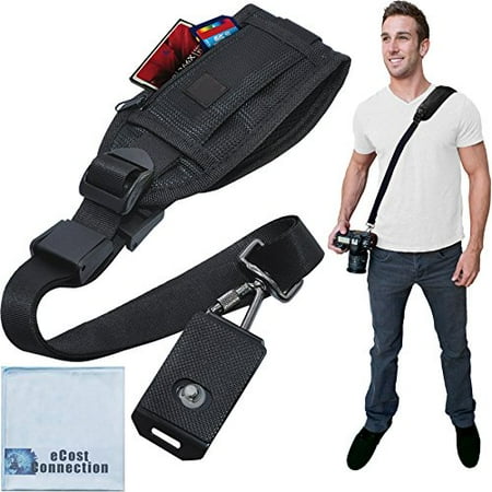 Cinch Camera Strap Quick Release Shoulder Strap for DSLR Cameras & Camcorders with Zippered Pocket for Memory Cards & Accessories + eCostConnection Microfiber Cloth ()