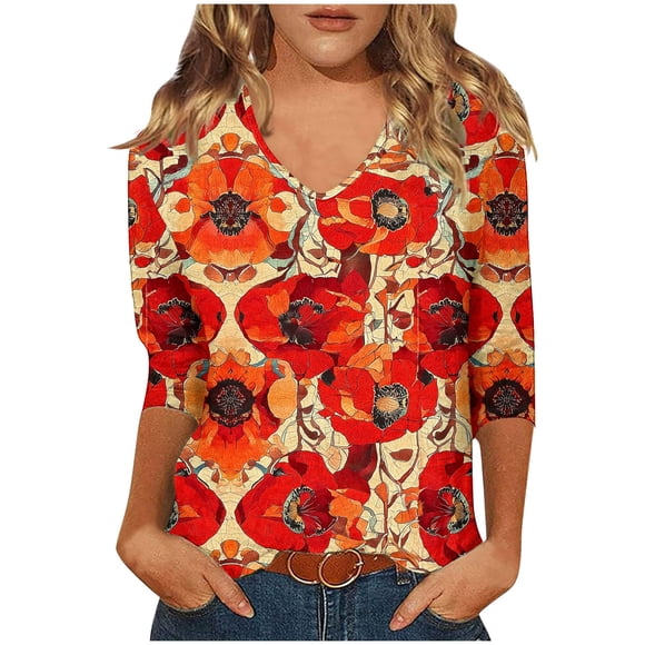 Womens Graphic Tees Shirts 3/4 Length V Neck Tops Fashion Printed Casual Pullover Tshirts Loose Fit (3XL, Orange)