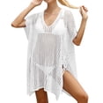 thumbnail image 5 of Swimsuit Coverup for Women Short Sleeve V Neck Side Slit Crochet Knit Loose Mini Dress Beach Cover Up Bathing Suit Dress, 5 of 5