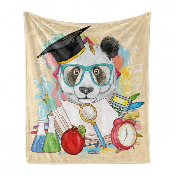 Animal Soft Flannel Fleece Throw Blanket, Panda Goes to School Humor Education Hipster with Glasses Books Pen Graphic Art, Cozy Plush for Indoor and Outdoor Use, 50" x 60", Multicolor, by Ambesonne