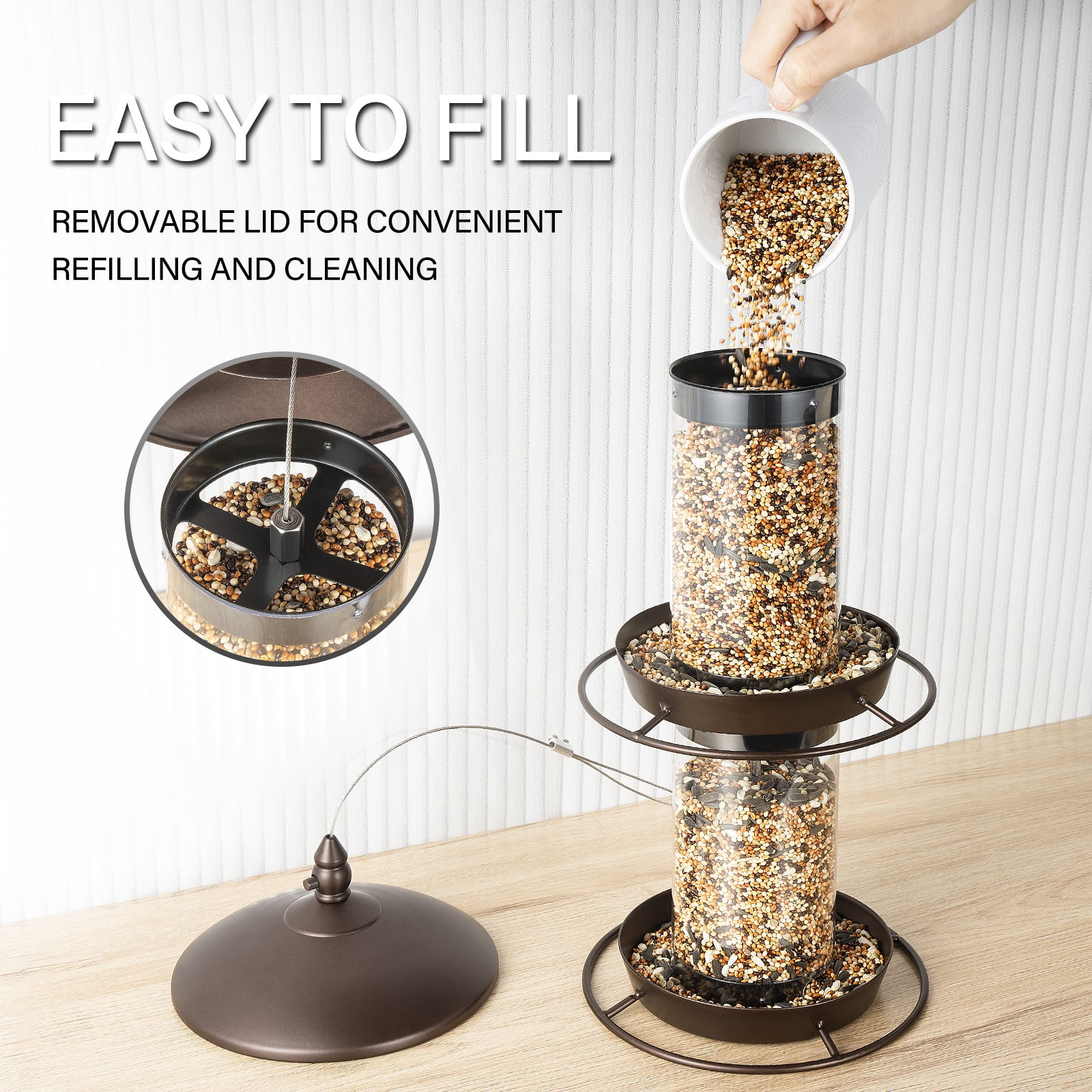 2-Tier Bird Feeder with Sure-Lock Cap and Hanging Hook, Wild Bird Feeders - 4.5 lb Seed Capacity