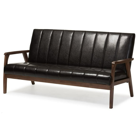 Baxton Studio Nikko Faux Leather Sofa in Dark Brown and Walnut
