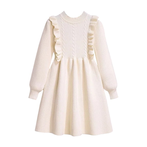 KAUOD Girls Knit Long Sleeve Dress Knee Length Ruched Plain New Years Pullover Dresses Teen Kids Ribbed Warm Chinese Clothes
