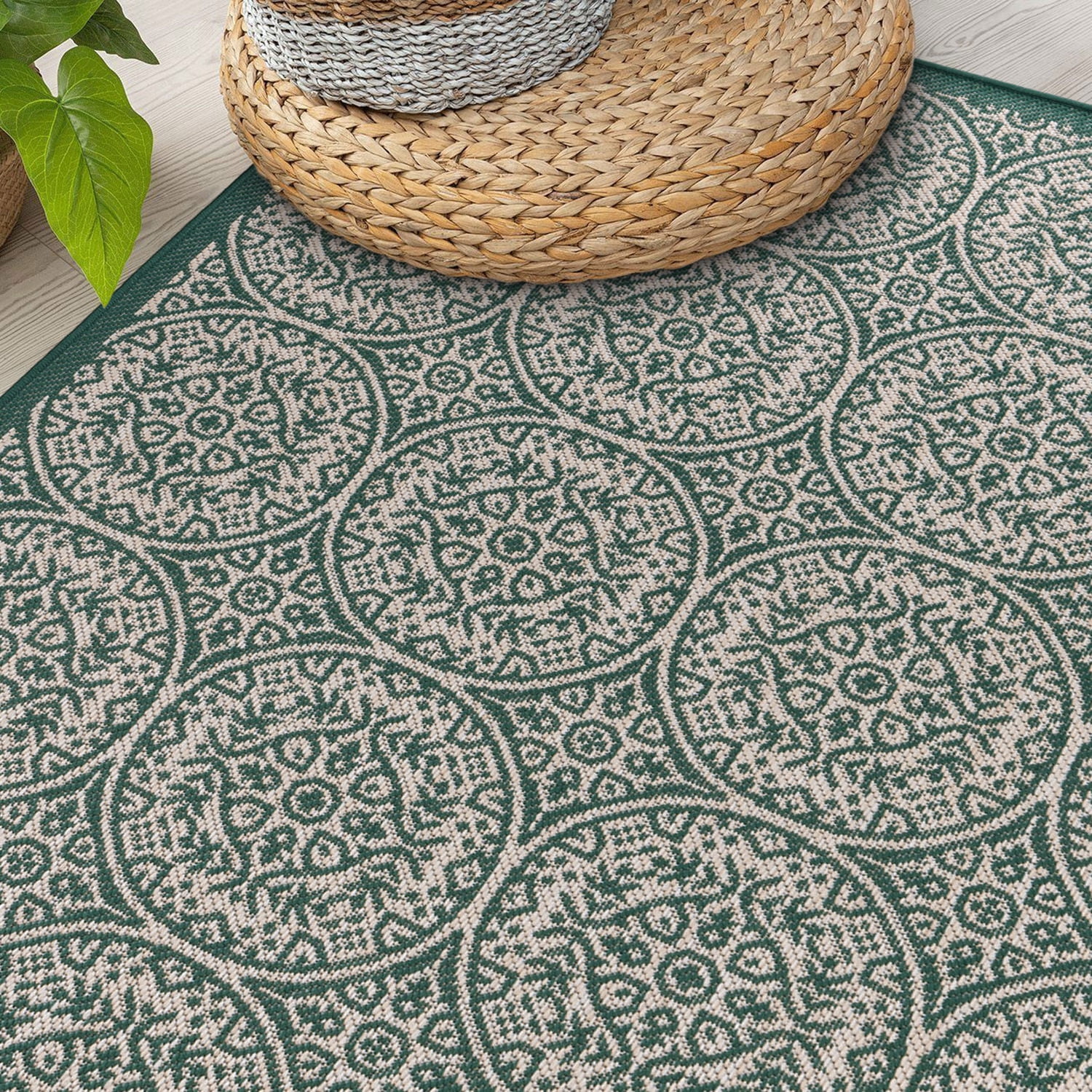 World Rug Gallery Transitional Floral Circles Textured Flat Weave Indoor/Outdoor Area Rug - GREEN 5' X 7'