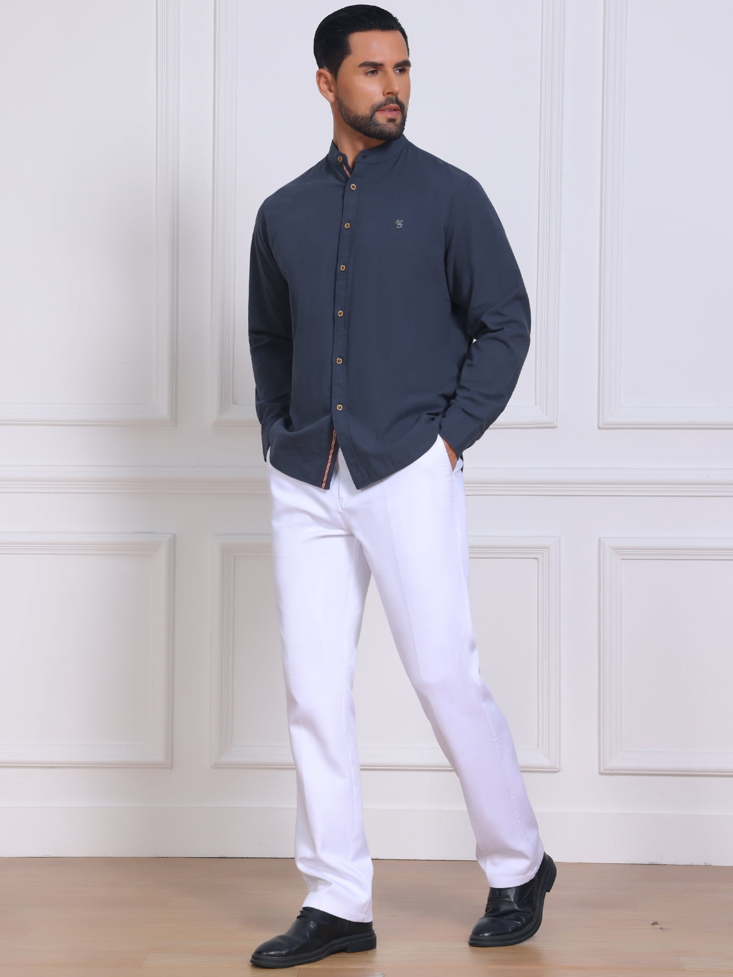 DARING DIVA Men's Stand Collar Long Sleeves Button Down Linen Shirts S Dark Blue