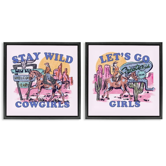 Stupell Industries Pink Cowgirl Phrases Entertainment Painting Black Floater Framed Canvas Art Print Wall Art, 18 x 18, Set of 2