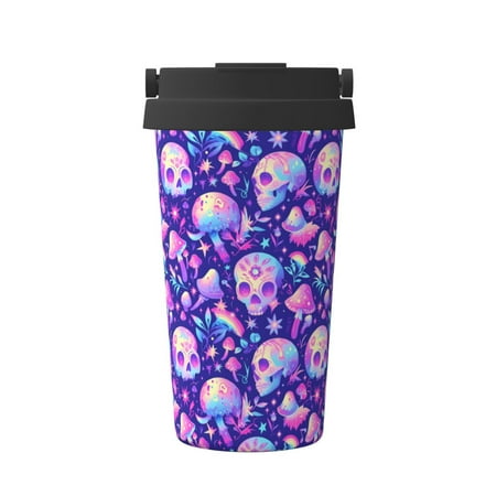 

Fuzoiu colorful mushroom Skull rainbow Print Stainless Steel Travel Mug Vacuum Insulated Coffee Travel Mug Reusable Coffee Cup for Hot and Cold
