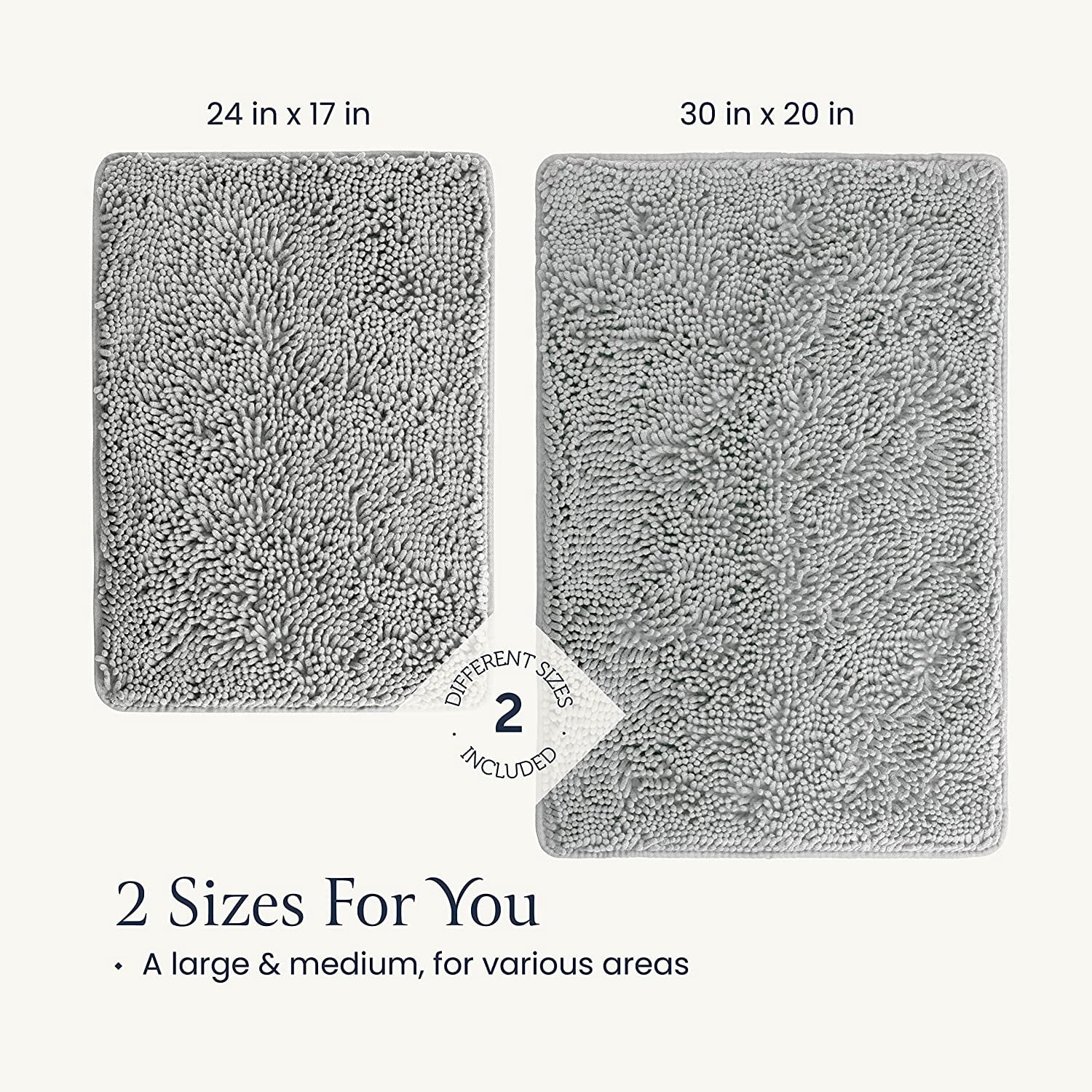 Bathroom Rugs Sets 2 Piece 24x17+30x20 Inch,Plush Bath Mat Set Quick-Dry Soft Chenille Bathroom Mat with Rubber Backing,Washable,Absorbent(Gray)