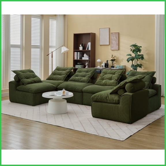 Modular 6-Seat Corduroy Sofa with Pillows – Armrest-Free DIY Design for Small Spaces, Green