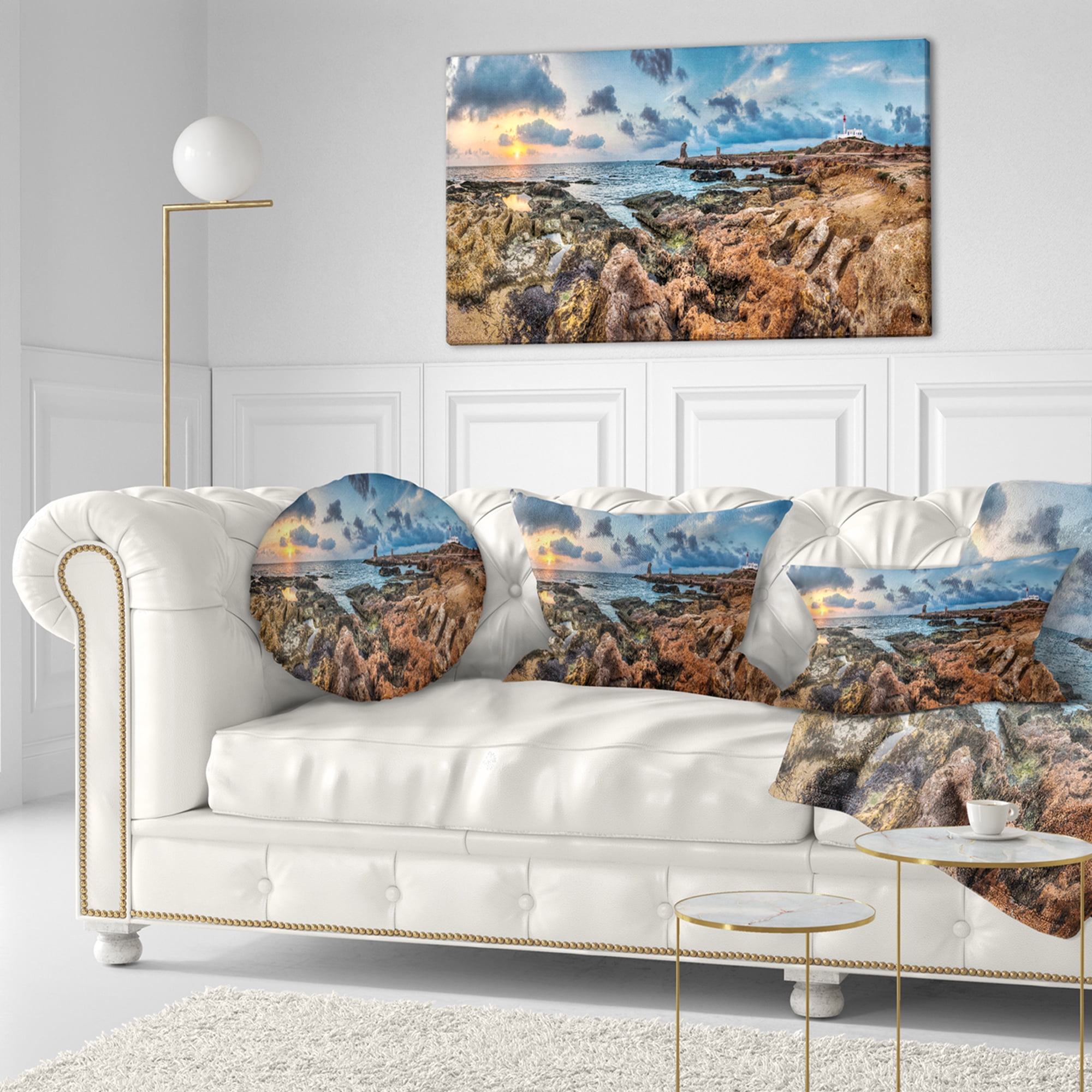 Designart Blue Sky over Rough Rocky Coast - Seashore Throw Pillow - 12x20