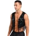 thumbnail image 3 of Nyeemya Men's Shiny Sequins Open Front Jacket 70s Hippie Tassel Vest Disco Party Sleeveless Cropped Tank Top Black L, 3 of 7