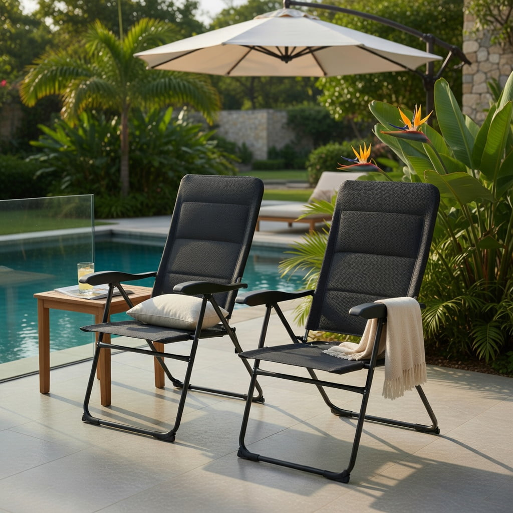 Hommoo 2-Pack Foldable Outdoor Patio Chairs with 7-Position Adjustable Backrest, Heavy-Duty Steel Frame, Breathable Oxford Fabric, for Backyard, Bistro, Pool & Camping, Black
