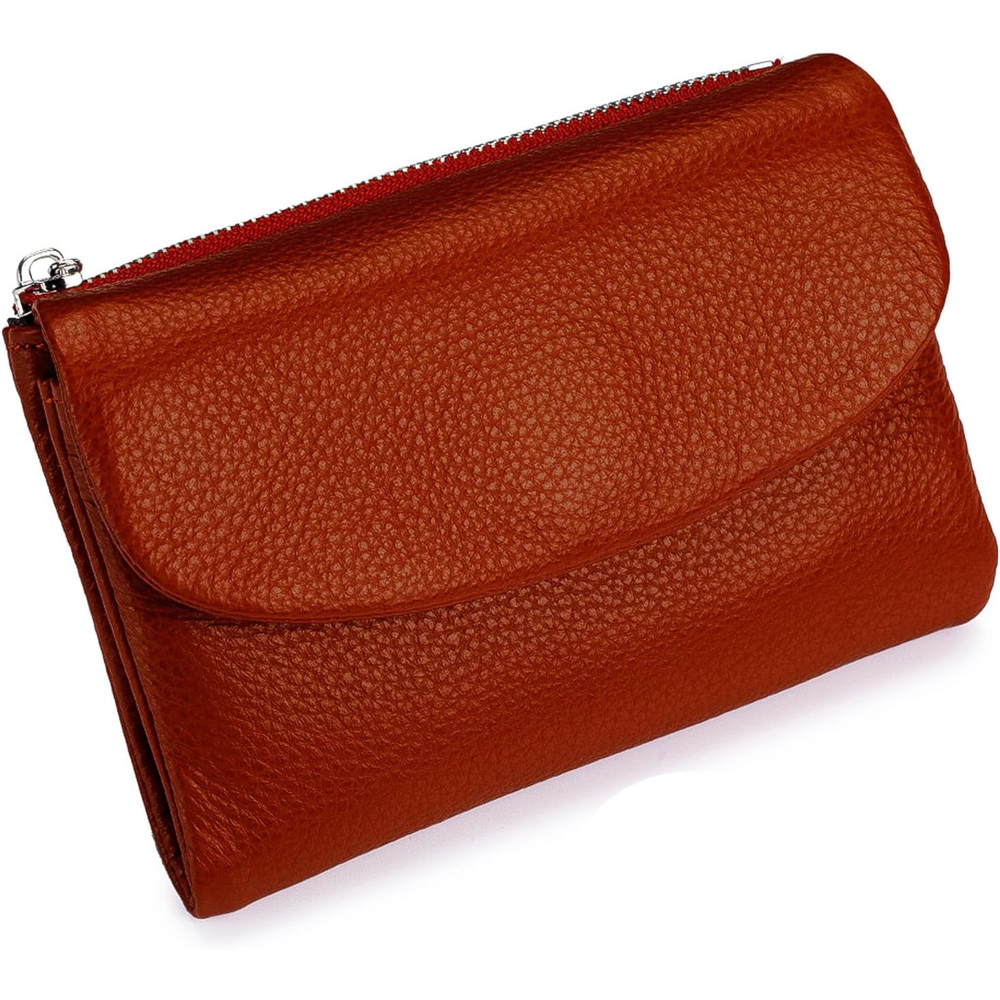 Unisex Pebble Leather Wallet – Compact Purse With Card Slots Full-Grain Leather Genuine Leather Small Wallets For Women (Brick Red)
