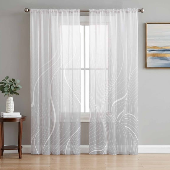 Sheer Curtains 72 Inches Long, Grey Geometric Light Filtering Window Curtains for Living Room, Modern White Stripe Abstract Distortion Art Rod Pocket Voile Sheer Curtain Drapes, 52"W x 72"L, 2 Panels