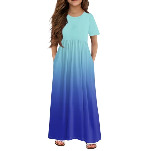 XADYUY Girl's Summer Casual Dress Casual Gradient Short Sleeve Maxi Dress Cute Crew Neck Sundresses Flare Swing Skirt with Pockets 4-5 Years,Royal Blue