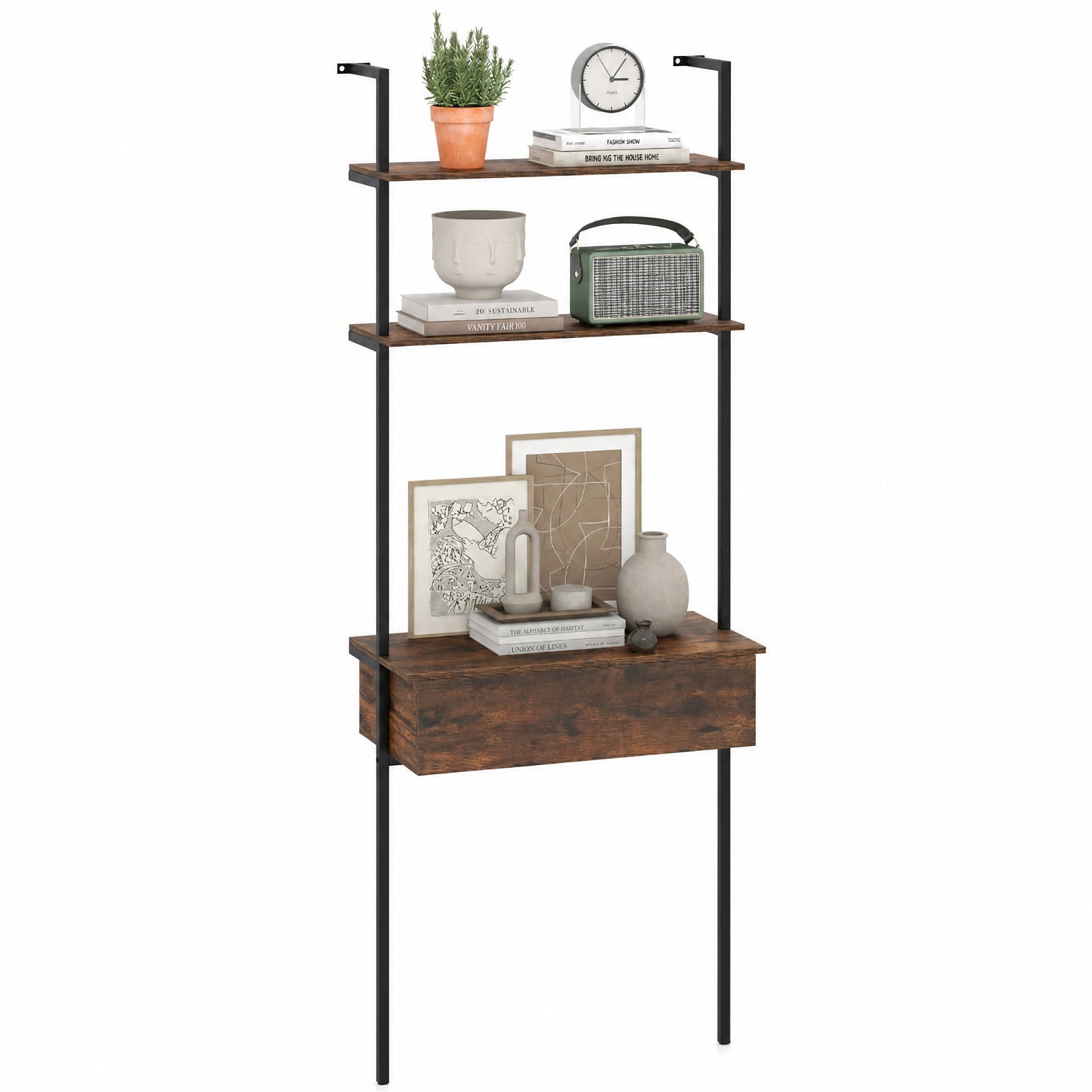 Furnibear 4-Tier Ladder Bookshelf with Drawer and Metal Frame for Living Room for Living Room Home Office Bedroom Display Storage Shelf, Rustic Brown