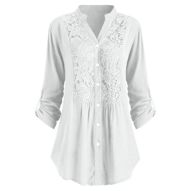 Womens Plus Size Clearance Women Ladies Large Size Button Lace V Neck Long Sleeve Shirt Blous