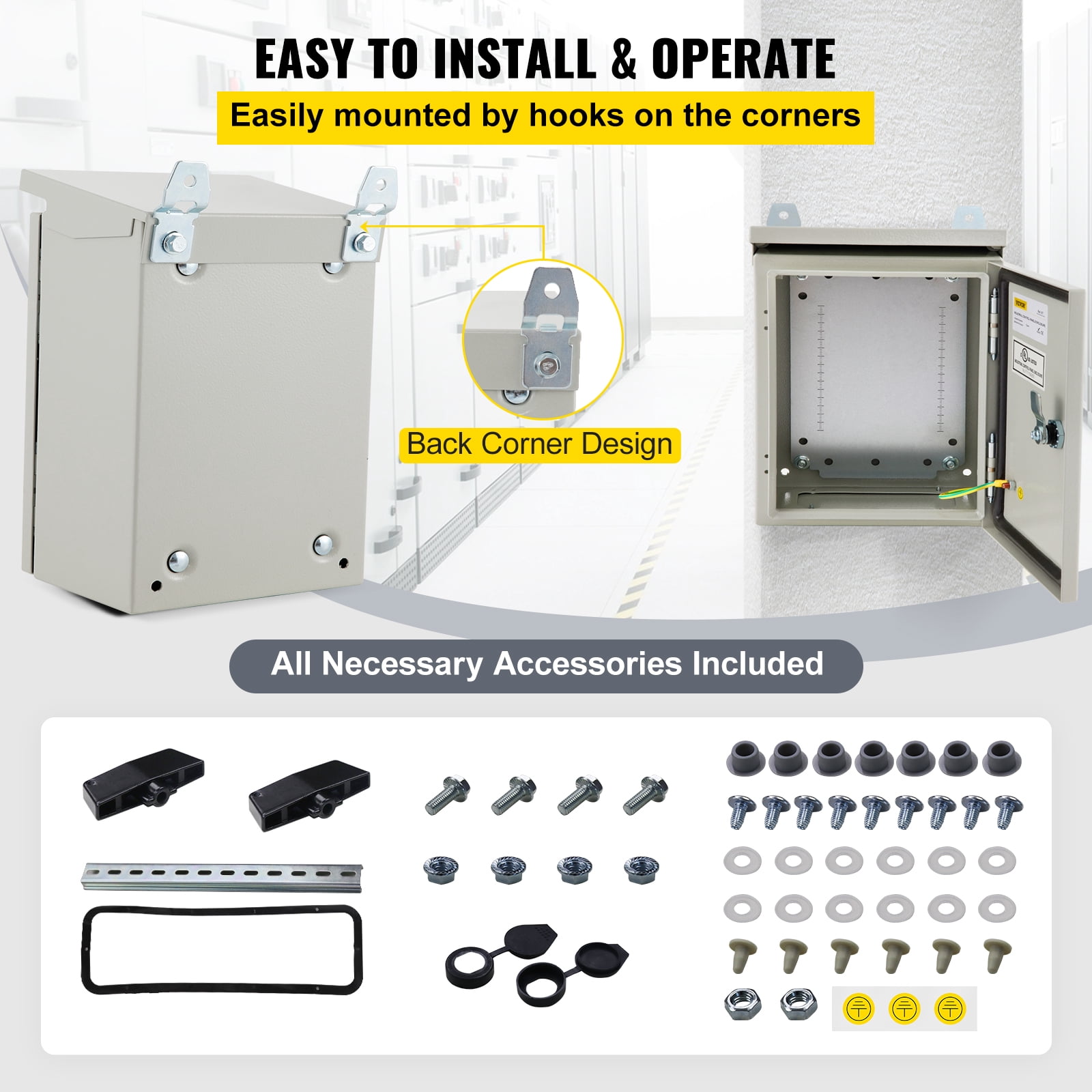 VEVOR Electrical Enclosure, 12'' x 8'' x 8'', UL Certified NEMA 4 Outdoor Enclosure, IP65 Waterproof & Dustproof Cold-Rolled Carbon Steel Hinged Junction Box for Outdoor Indoor Use, with Rain Hood