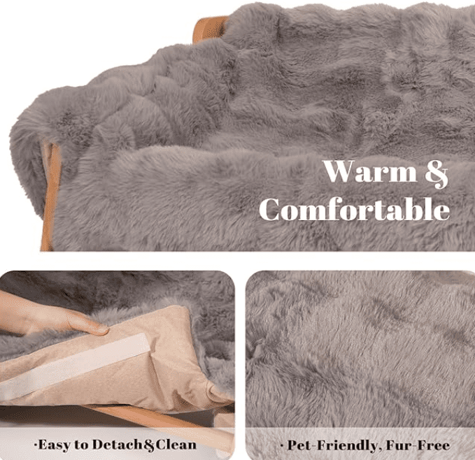 CheerPals Elevated Cat Couch Bed for Indoor, Wooden Cats Sofa with Fluffy Cover Raised Kitty Lounge Chair Suitable for Puppy(Grey)