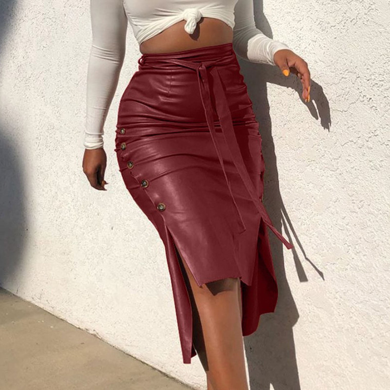 Express High Waisted (Minus The) Leather Pencil Skirt ($36) ❤ liked on  Polyvore featuring … | Leather pencil skirt, Red leather skirt, Burgundy  leather skirt outfit