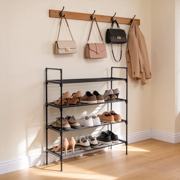 KIVDIT 4-Tier Ventilated Metal Shoe Rack, Tool-Free Shoe Storage Organizer for Dorm Home, Holds Up to 15 Pairs, 31.1 In