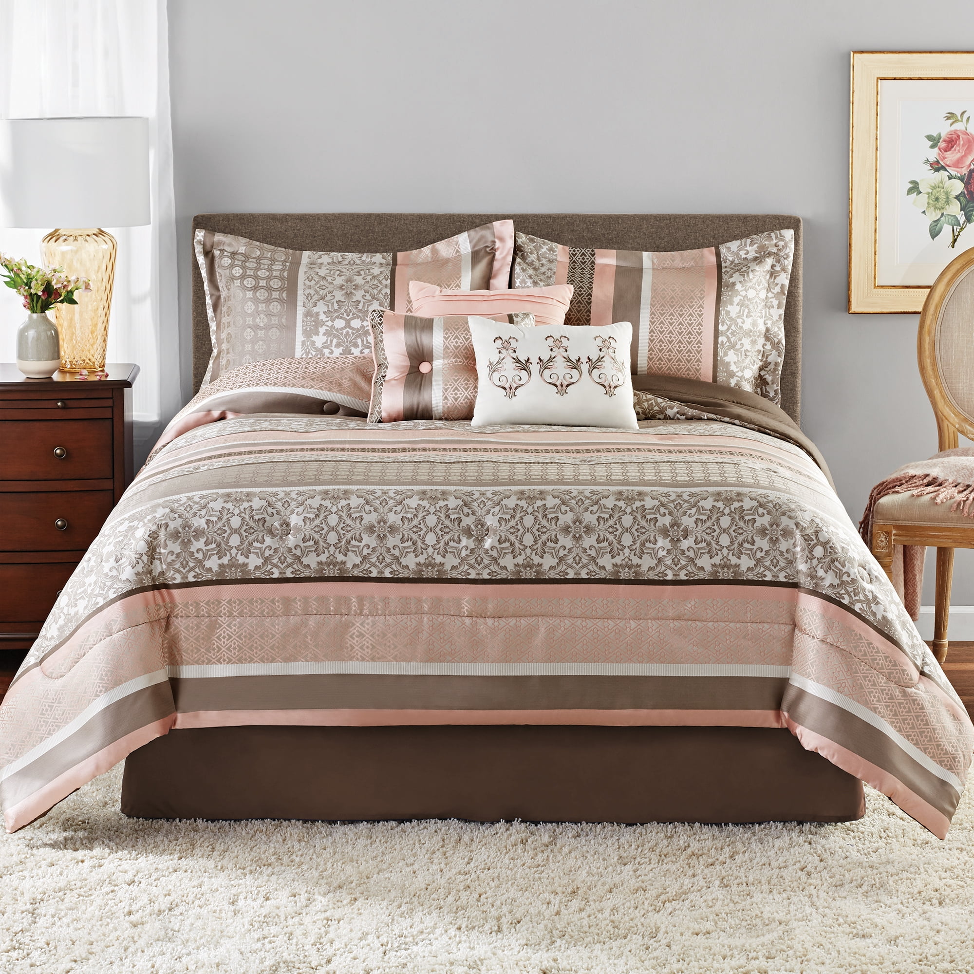 Mainstays Princeton Blush Stripe 7 Piece Comforter Bedding Set, Size: Full/Queen
