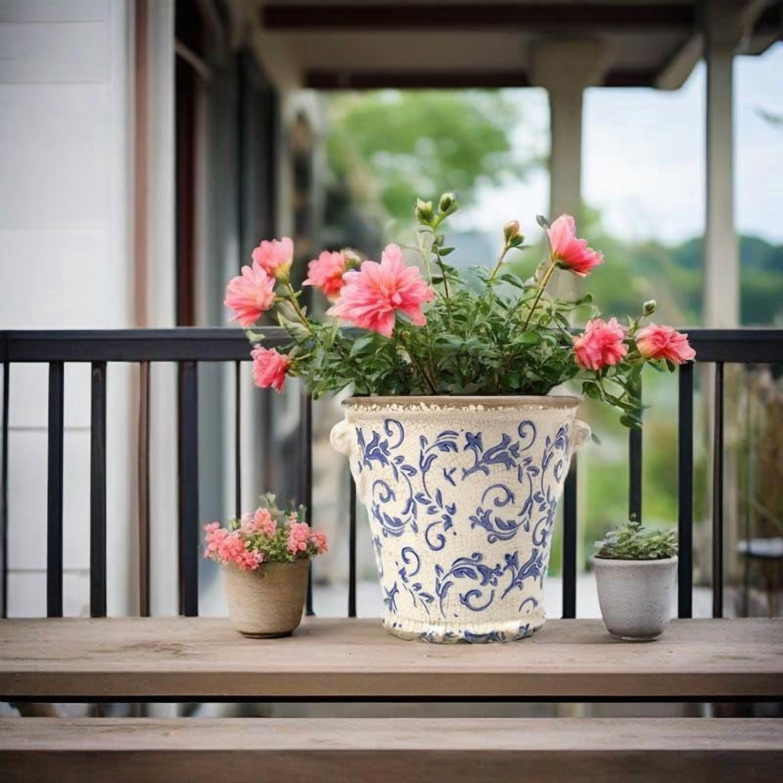 Vintage Planter Flower Pot Rustic Container with Handle Ceramic Ice Crack Plant Pot with Drainge Hole Decorative Planter for Indoor and Outdoor Tuscan Decor Vase Gardening Gift (Blue)