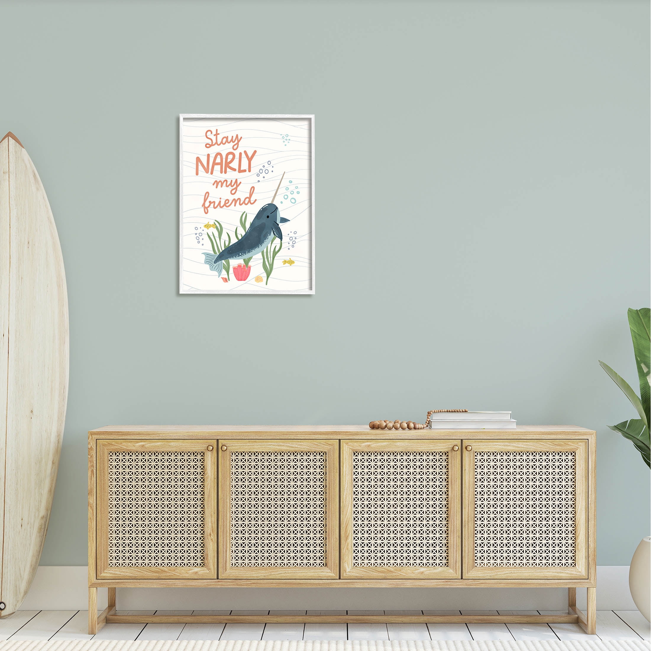 Stupell Industries Stay Narly My Friend Narwhal Graphic Art White Framed Art Print Wall Art, Design by Nina Blue