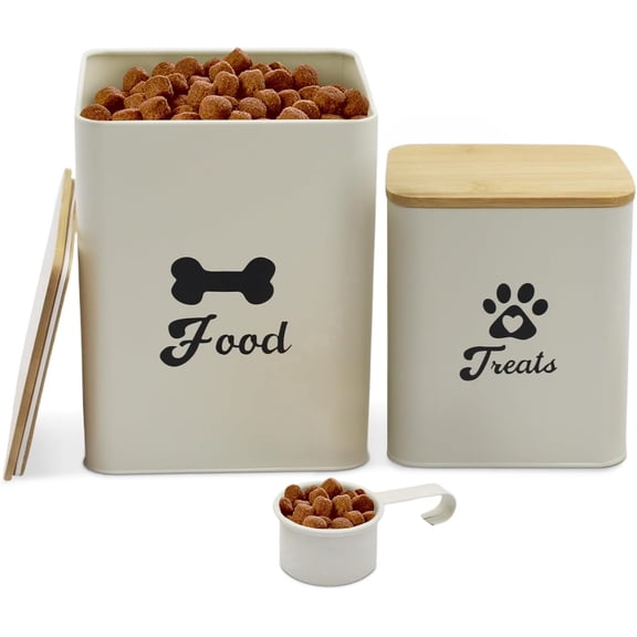 Pet Food and Treat Storage Canister Set of 2 with Spoon and Wood Lids, Off-White