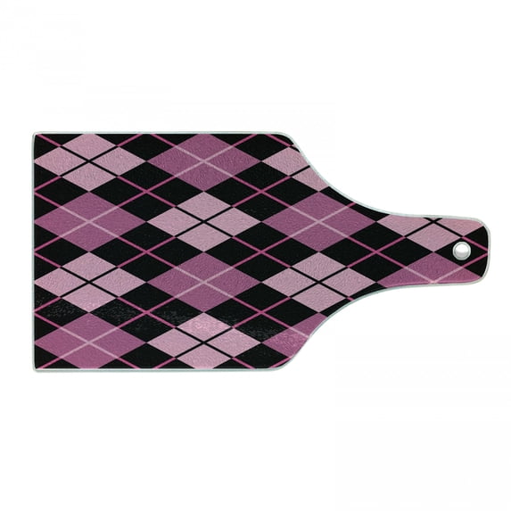 Checkered Cutting Board, Crosswise Striped Mosaic Pattern Squares Retro Style Feminine Design, Tempered Glass Cutting and Serving Board, Wine Bottle Shape, Pink Pale Pink Black, by Ambesonne