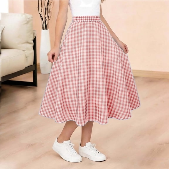 Cethrio Girls Midi Skirts Size 7-8 T, Summer Casual A-Line Elastic Waist Plaid Shirts with Pockets Pink