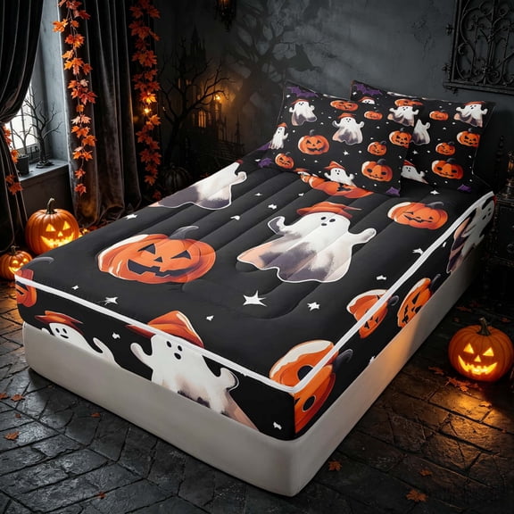 Homewish Halloween Cartoon Ghost Zipper Twin Comforter Sets with Fitted Sheet and 2 Pillowcases, Pumpkin Lantern Zipper Bedding Set, Black Orange Purple, Black Reversible