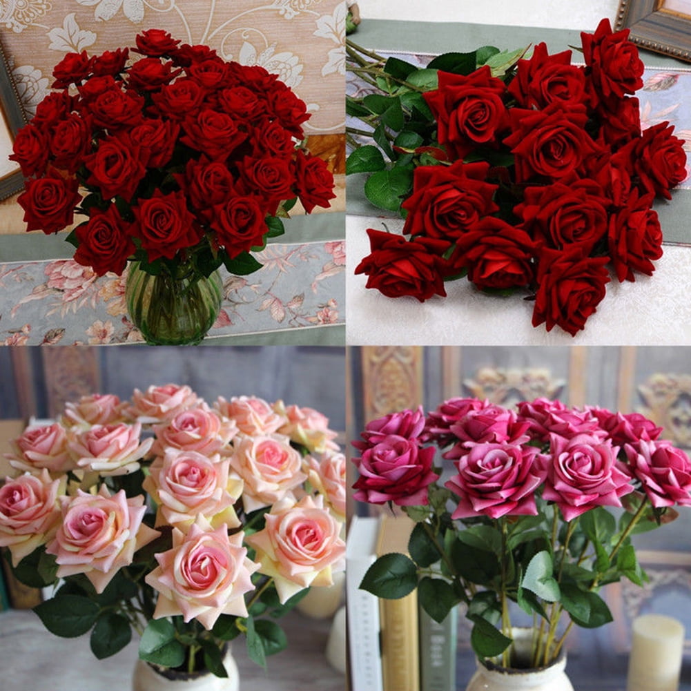 HYmarket 1Pc Artificial Fake Rose Flower with Leaf Wedding Bouquet Party Home Decor