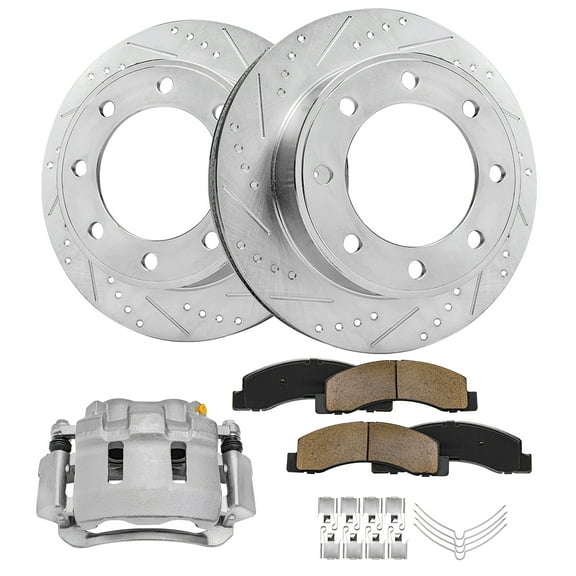 Detroit Axle - 4WD Front Drilled Rotors Ceramic Pads Right Brake Caliper Replacement for 1999-2004 Ford Excursion F-250 F-350 Super Duty