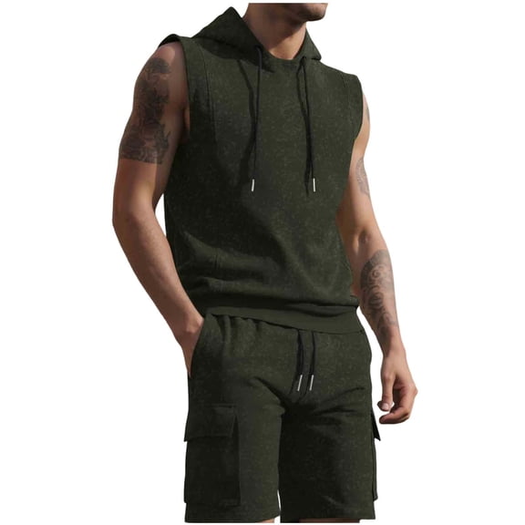 ZUKMRJPC Mens Short Sets 2 Piece Outfits Sleeveless Workout Hoodies and Drawstring Casual Track Shorts Sets Loose Fit Summer Tracksuit