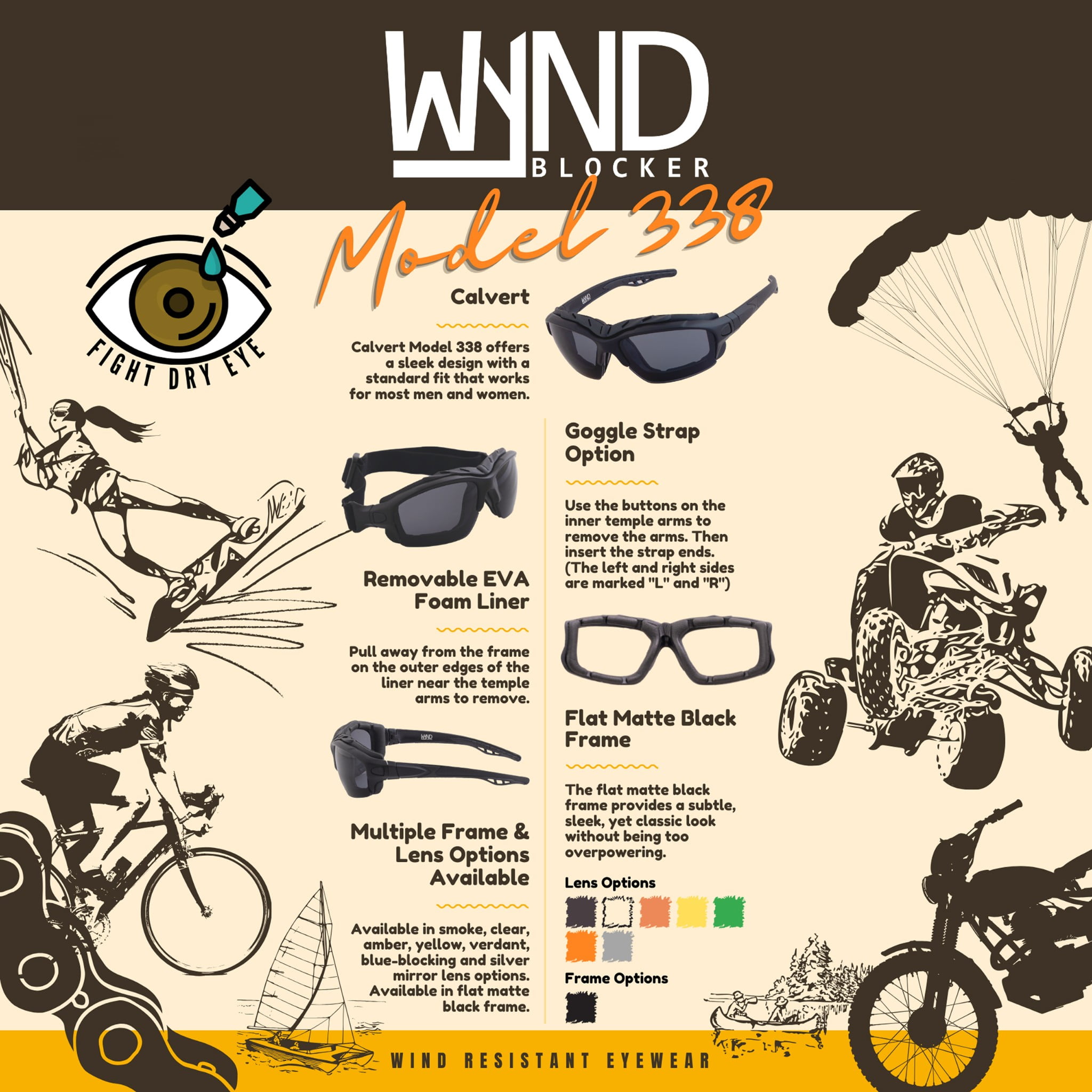 WYND Blocker Calvert Wind Resistant Motorcycle Riding Sunglasses Dry Eye Glasses (M338 - Black, Amber)