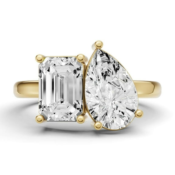 2 CTW Emerald and Pear Cut Lab-Grown Diamond Two-Stone Ring in 14K Yellow Gold (Ring Size: 4.5)