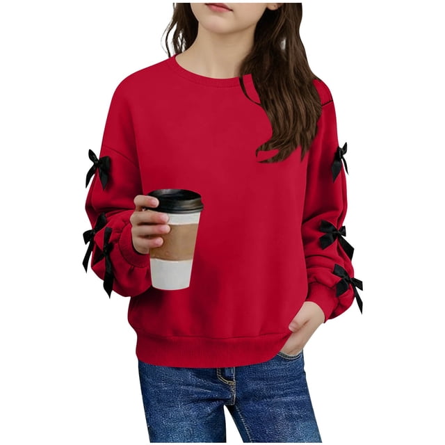Sudadera con lazo de manga larga para niña, blusa informal de manga larga con cuello redondo, blusa de poliéster para niña