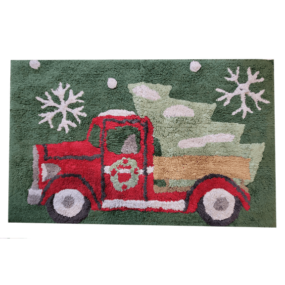 St. Nicholas Square Bathroom Rug Christmas Red Truck Design, 20 x 30 inches, Cotton, Green