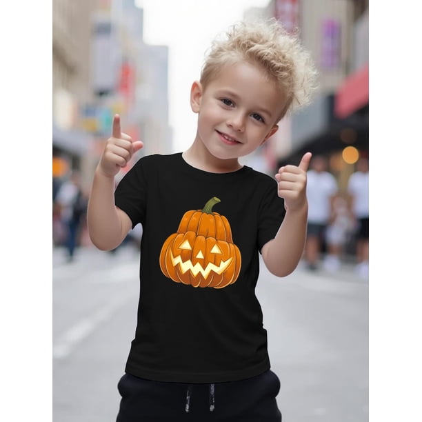 Halloween T-shirt - Boys' Halloween Pumpkin Lantern Cotton T-Shirt - Cute Printed Short-Sleeve Crewneck, Casual Summer Top for Little Boys, orange with Jack-o'-Lantern Design, Festive Clothing