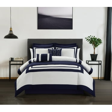 Chic Home Golda 9-Piece Color Block Bed in a Bag Comforter Set, Twin, Navy
